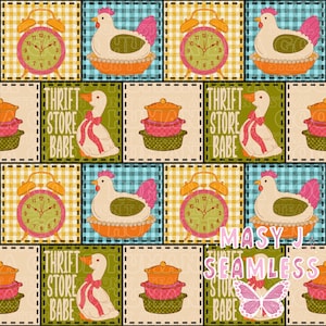 May include: A repeating pattern featuring patchwork squares with various illustrations. The squares include alarm clocks, chickens, ducks, and stacked pots. The text "THRIFT STORE BABE" appears in several squares. The overall design has a vintage, country aesthetic.