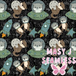 May include: Seamless pattern featuring cartoon otters in space suits, spaceships, rockets, moons, and stars on a black background. The text "MASY J SEAMLESS" is also present. The design has a whimsical, space-themed aesthetic.