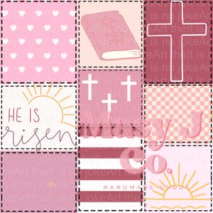 以下が含まれることがあります： 宗教的なシンボルとテキストが特徴のパッチワークデザイン。正方形には、ピンクのハート模様、聖書、十字架、「彼は復活した」という言葉が含まれています。デザインには日の出と「Handmade Goods」の文字も含まれています。