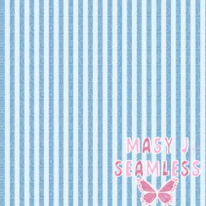 Puede incluir: Patrón digital sin costuras con rayas verticales azul claro y blanco. La palabra "GOOD" se repite en una fuente clara dentro de las rayas. El texto "MASY J SEAMLESS" es rosa, con una mariposa rosa en la parte inferior.