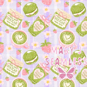 Könnte beinhalten: Nahtloses Muster mit Matcha-Themenillustrationen. Das Design umfasst Matcha Lattes mit herzförmiger Latte Art, Matcha-Gläser, Makronen, Erdbeeren und Blumen. Der Text "MASY J SEAMLESS" ist ebenfalls vorhanden. Die Farbpalette ist weich, mit Rosa, Grün und Weiß.