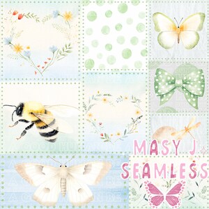 May include: A watercolor design featuring butterflies, bees, bows, and floral heart wreaths on a light blue and green background. The text "Masy J Seamless" is displayed in pink letters. The overall theme is nature and spring.