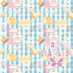 May include: A seamless pattern featuring baking-themed illustrations on a light blue checkered background. The design includes pink stand mixers, floral teacups, cupcakes, rolling pins, and the text "MASY SEAMLESS" with a butterfly.