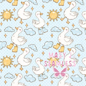 May include: Seamless pattern featuring cartoon ducks wearing boots, suns, clouds, and stars on a light blue background. The ducks are white with yellow beaks and are wearing either yellow or blue boots. The pattern includes the text "MASY J SEAMLESS" and a pink butterfly.