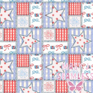 Puede incluir: Un patrón patriótico sin costuras con un diseño de patchwork. Presenta estrellas, lazos y cuadros de vichy en rojo, blanco y azul. La palabra "USA" está incluida. El tema general es una celebración de los Estados Unidos.