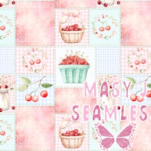Puede incluir: Diseño de patrón sin costuras con un mosaico de cuadrados con ilustraciones de cerezas. Los cuadrados incluyen imágenes de cerezas en cestas, ramitas y arreglos florales. El texto "Masy J Seamless" se muestra en rosa.