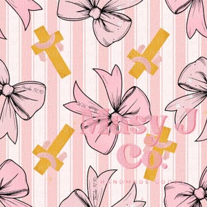 May include: A seamless pattern featuring pink bows, gold crosses, and the text "Proverbs 31:30" on a striped background. The design includes the text "Easy Co." and "HANDMADE GOODS".