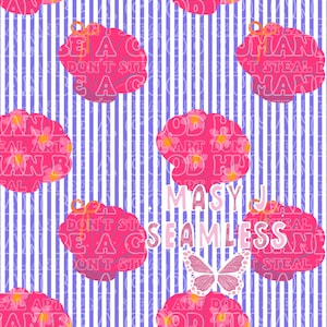 May include: Seamless pattern design with pink brain-shaped graphics containing text on a striped blue and white background. The words "MASY J SEAMLESS" and a butterfly are also featured.