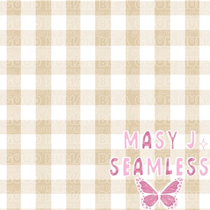 Puede incluir: Diseño de patrón sin costuras con un fondo de cuadros vichy beige y blanco. El texto "MASY J SEAMLESS" está en rosa, con un gráfico de mariposa rosa. La frase "A GOOD HUMAN BE A GOOD HUMAN" se repite en el fondo.