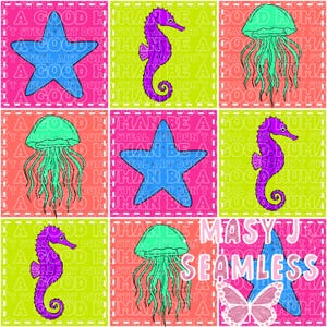 Peut inclure: Un motif sans couture coloré avec des illustrations marines. Le motif comprend des étoiles de mer bleues, des hippocampes violets et des méduses vertes sur un fond patchwork avec le texte "A GOOD HUMAN BE A".