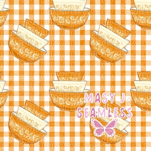 Puede incluir: Patrón sin costuras con pilas de cuencos para mezclar de color naranja y crema con diseños florales. El fondo es un patrón de cuadros en naranja y blanco. El texto "MASY J SEAMLESS" y una mariposa también son visibles.