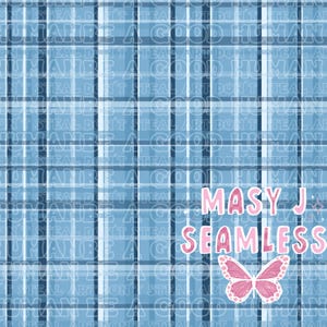 Puede incluir: Diseño de cuadros azules con el texto "HUMAN BE A GOOD HUMAN" repetido. El diseño también incluye el texto "MASY J SEAMLESS" y una ilustración de mariposa rosa. Este patrón sin costuras es adecuado para varios proyectos de manualidades.