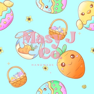 Könnte beinhalten: Ein nahtloses Muster mit Ostermotiven auf hellblauem Hintergrund. Das Design umfasst Cartoon-Hasen, Karotten, Ostereier, Körbe mit Eiern und Blumen. Der Text "Masy J Co Handmade Goods" ist ebenfalls vorhanden.