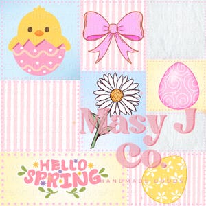 Pode incluir: Ilustração digital com elementos de Páscoa. Inclui um pintinho amarelo saindo de um ovo rosa, um laço rosa, uma margarida branca, um ovo rosa com espirais e um ovo amarelo com flores brancas. O texto "HELLO SPRING" também está presente.