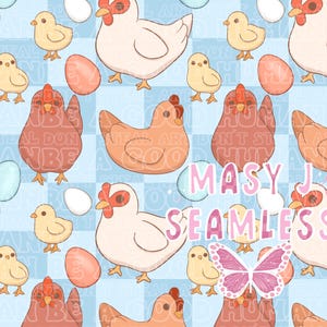 May include: A seamless pattern featuring cartoon chickens, chicks, and eggs in shades of brown, white, and yellow on a light blue checkered background. The text "MASY J SEAMLESS" is also visible.