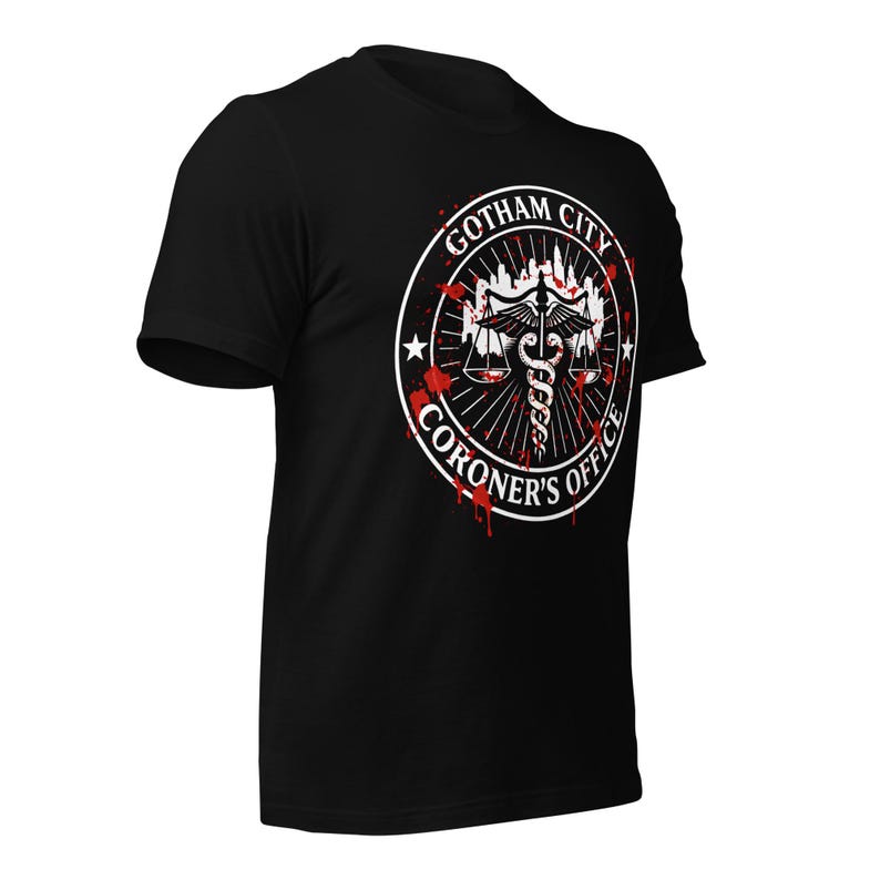 Gotham City Coroner’s Office Shirt, Dark Comic Horror Graphic Tee, Blood Splatter Gotham Parody T-Shirt, Gothic Halloween Unisex Gift