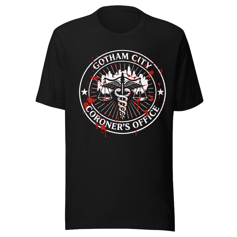 Gotham City Coroner’s Office Shirt, Dark Comic Horror Graphic Tee, Blood Splatter Gotham Parody T-Shirt, Gothic Halloween Unisex Gift
