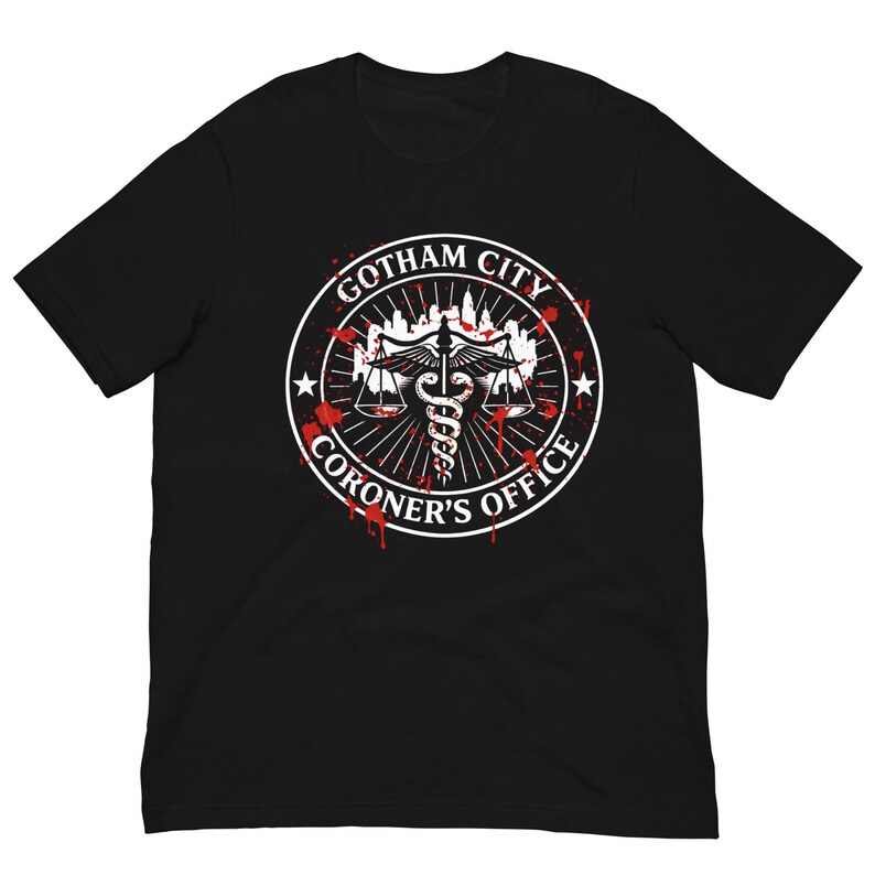 Gotham City Coroner’s Office Shirt, Dark Comic Horror Graphic Tee, Blood Splatter Gotham Parody T-Shirt, Gothic Halloween Unisex Gift