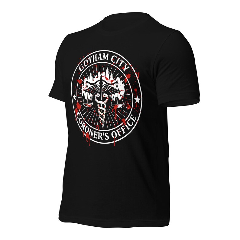 Gotham City Coroner’s Office Shirt, Dark Comic Horror Graphic Tee, Blood Splatter Gotham Parody T-Shirt, Gothic Halloween Unisex Gift