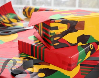 Red Kwanzaa Wrapping Paper, Afrocentric Holiday Gift Wrap for Kwanzaa Gifts