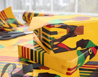 Yellow Kwanzaa Wrapping Paper, Afrocentric Holiday Gift Wrap for Kwanzaa Gifts