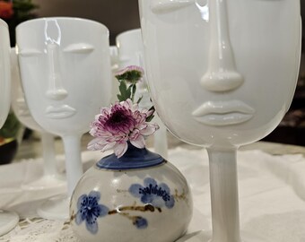 White Glass Abstract Face Goblets   Barware Everest Global Set 6