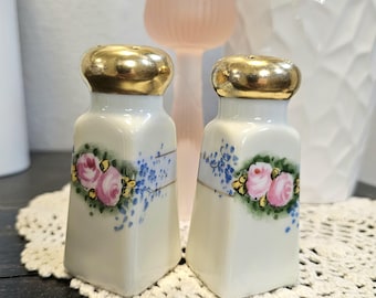 Vintage Salt Pepper Shakers Set Hand Painted Floral Gold Top Porcelain