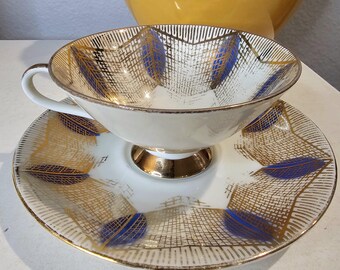 Collectible MCM Footed Tea Cup and Saucer  Schirnding Bavaria Germany blue and gold