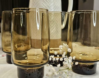 Libbey Smokey Amber Glass Tumbler Tawny Accent Highball Vintage Kitchenware Bar set 4 Retro