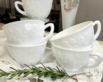 White Tea Cups Milk Glas Indiana Colony Harvest Grap Set 5- Elegant Home Dining