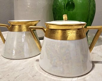 Limoges France B&C Porcelain Sugar and Creamer Set Gold Trim