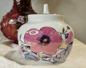 Lomonosov USSR Pink Floral Porcelain Sugar Bowl with Gold Accents