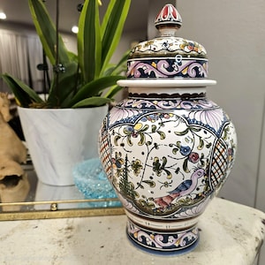 Hand-Painted Ceramic Ginger Jar with Birds Portugal Lidded Jar Decorative Storage Folk Art Portuguese