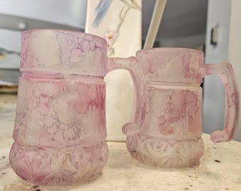 Art Nouveau Handpainted Pink Frosted Glass Drinkware Mugs Set 2