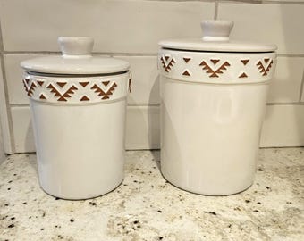 Frankoma White Glaze Canister Set with Lid Terracotta Southwest Native American Thunderbird Eagle