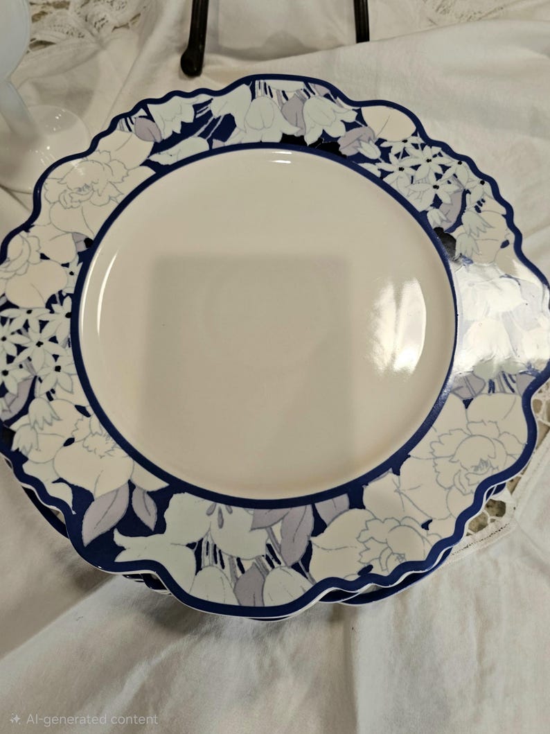 Anthropologie Dinner Plates Floral Blue and White Stoneware Scalloped Edges Set4 image 6