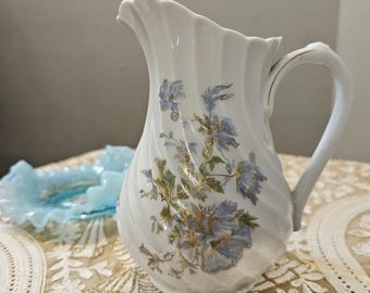 Haviland Limoges Blue Floral Swirled Pitcher with Gold Accents Margaux