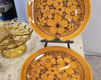 Juego de 2 platos llanos Retro Amber Floral, color mostaza moteado, 25,4 cm (10 pulgadas), estilo MCM Boho Kitchen, Homer Laughlin