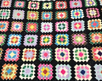 Handmade Vintage Multicolor Granny Square Crochet Blanket Vibrant Patchwork