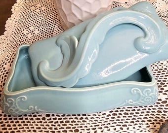 Camark USA Art Pottery trinket box with lid Ornate scroll in turquoise