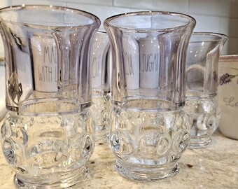 Kings Crown Thumbprint Clear Glass With Flash Color Vintage Drinkware Set 4