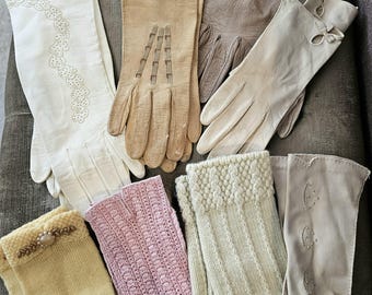 Vintage Assorted Womens Gloves Collection Lot 8 Neutral Cream Pink Yellow Leather Knit