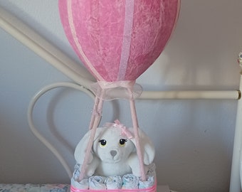 Air Balloon Diaper Cake with Bunny Pilot, Baby Shower Decoration