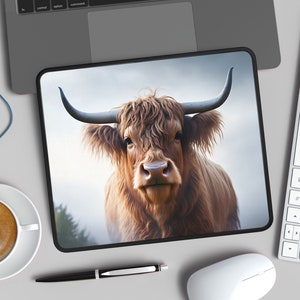 Cute Mousepad Scottish Highland Cow Picture Portrait Art Mousepad - Custom Scottish Landscape Mouse Pad - Gift For Boss or Coworker
