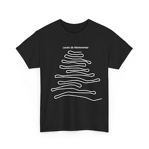 May include: Black t-shirt with a white graphic of the Lacets de Montvernier, a winding mountain road in France.