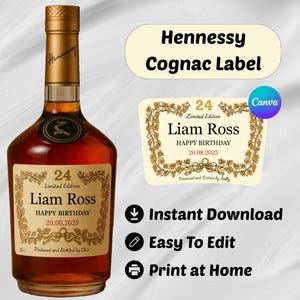 Printable Personalised Hennessy Bottle Label, Custom Cognac Label Canva Template, Special Gift For Birthdays and Celebrations