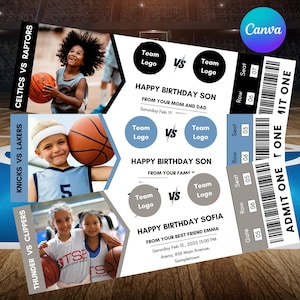 Bearbeitbares Basketball Souvenir Ticket, benutzerdefinierte NBA Basketball Ticket-Vorlage, druckbares Ticket, Überraschungsevent-Skipass-Geschenk, bearbeiten mit Canva