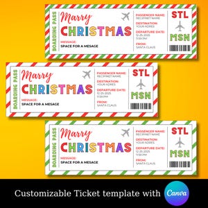 Plantilla de tarjeta de embarque navideña, boleto de avión navideño, tarjeta de embarque para viaje sorpresa para Navidad, idea de regalo navideño, plantilla Canva