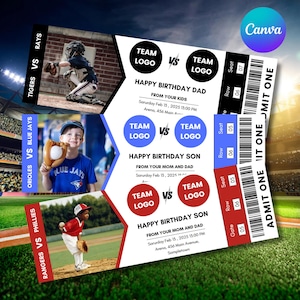 Bearbeitbares Baseball-Souvenir-Angebot, benutzerdefinierte Fake-Baseball-Eintrittsvorlage, druckbares Sportticket, Überraschungsevent-Eintrittsgeschenk, bearbeiten mit Canva