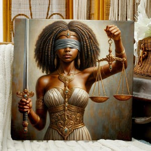 May include: A painting of a woman with a blindfold, holding a sword and scales of justice. She is wearing a gold and white dress and has dark brown hair. The background is a muted brown and blue.